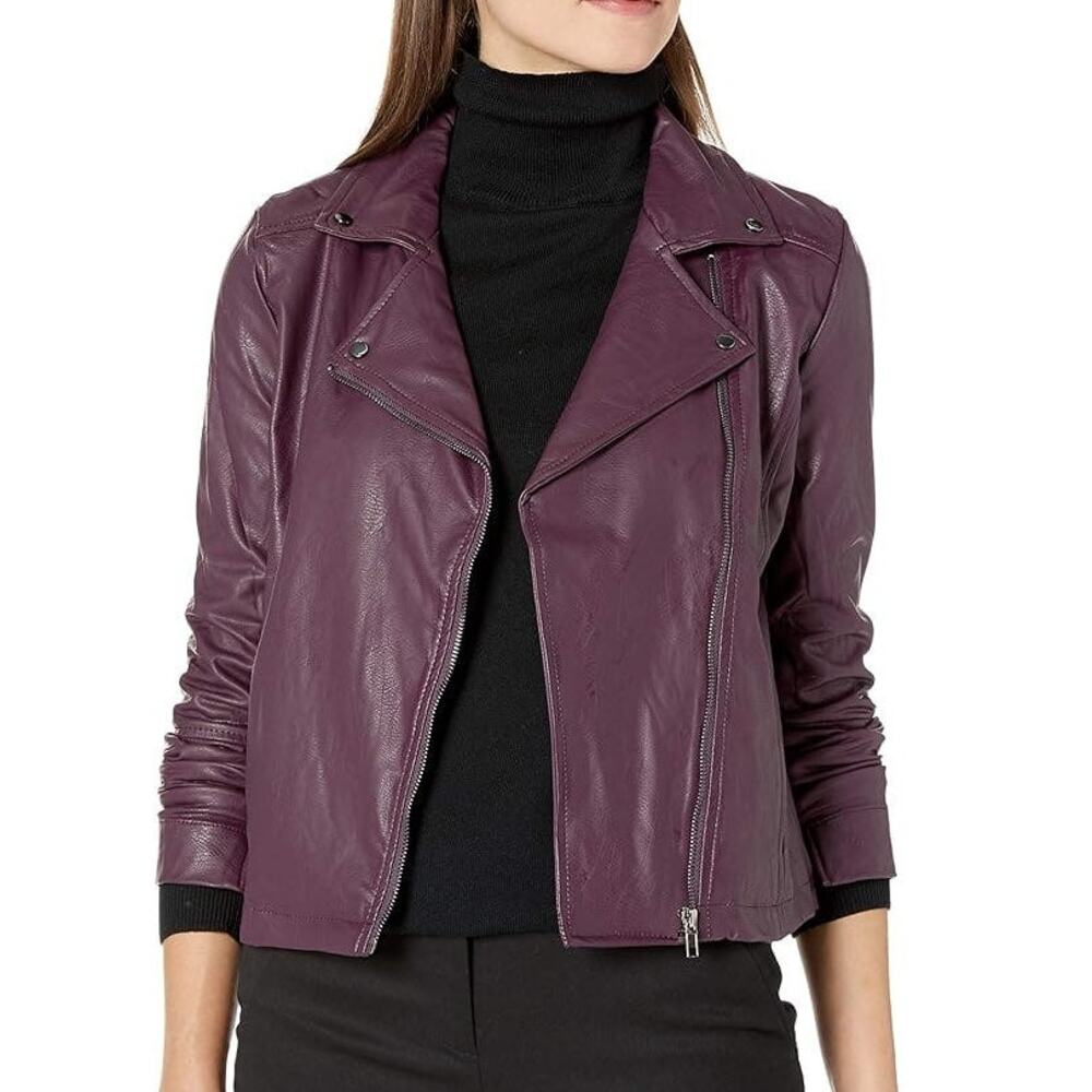 Lysse NEW Vegan Leather Moto Jacket Women's Size S Collared Fig Purple Zipper